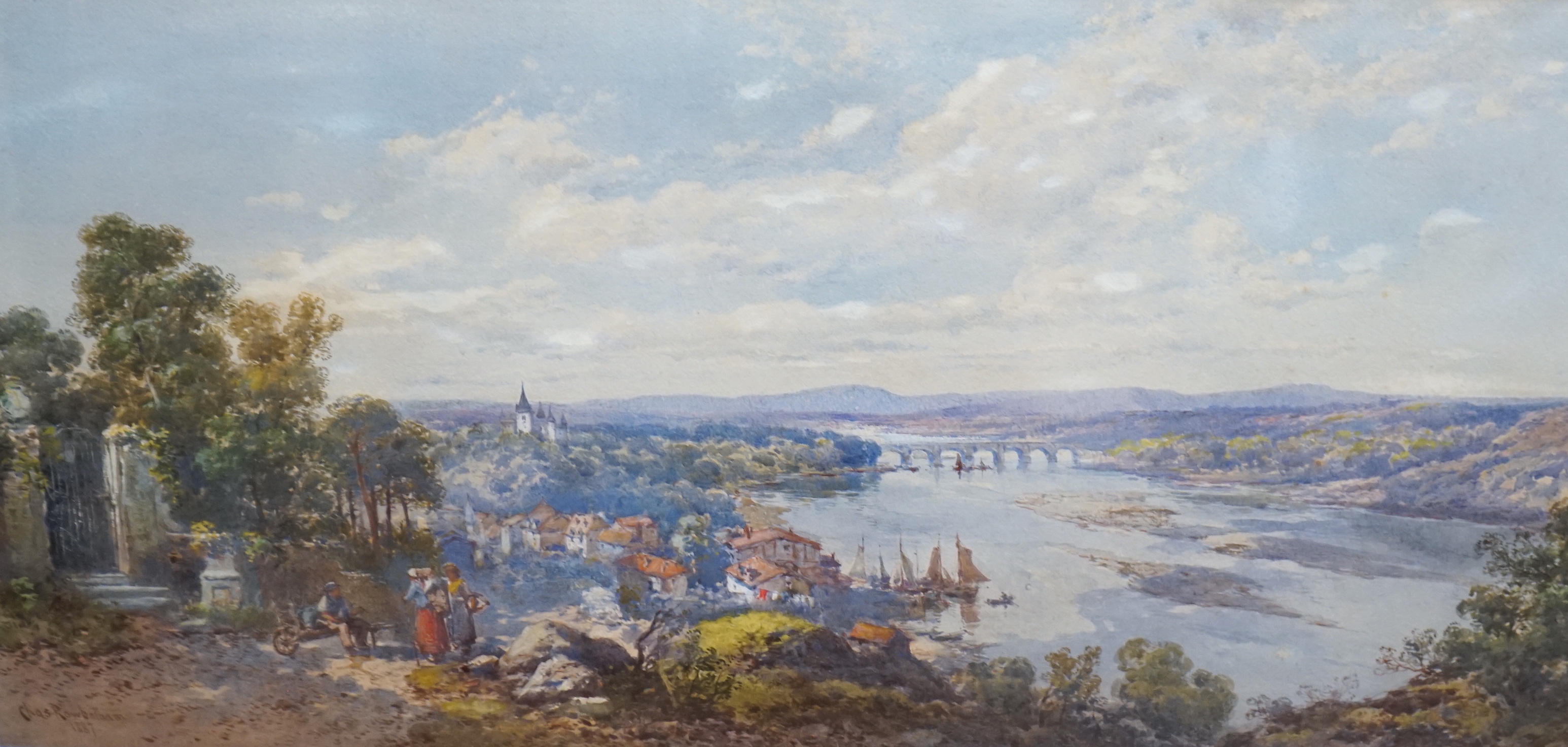 Charles Rowbotham (1856-1921), watercolour, ‘’River landscape’’, signed, dated 1887, 30 x 60cm